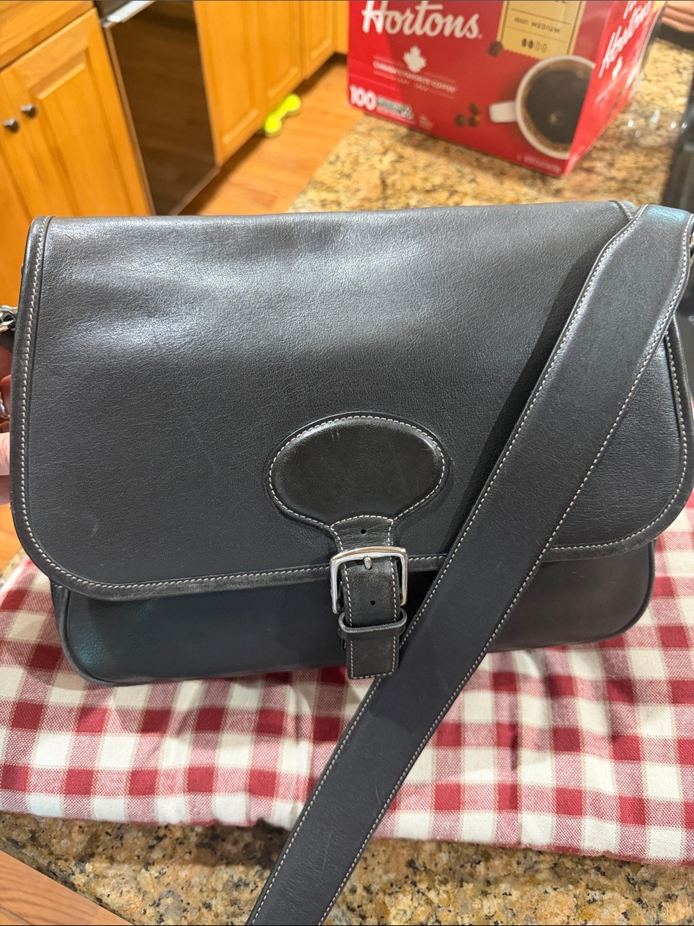 Coach Black Leather Messenger Bag with Buckle Strap